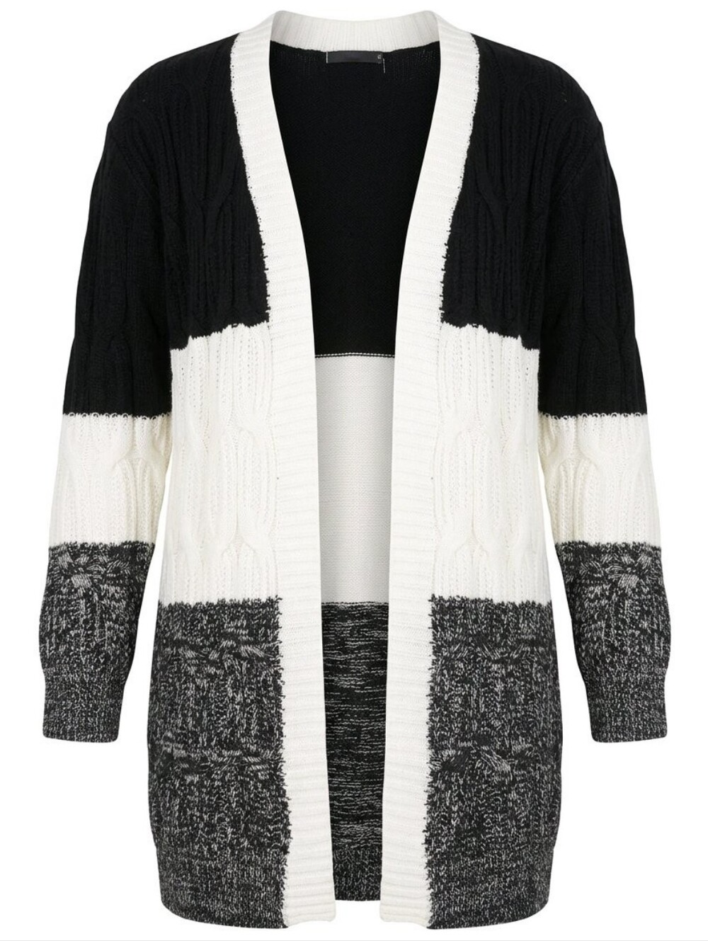 SOLY HUX Open-Front Black and Cream Colorblock Cable Knit Women's Cardigan